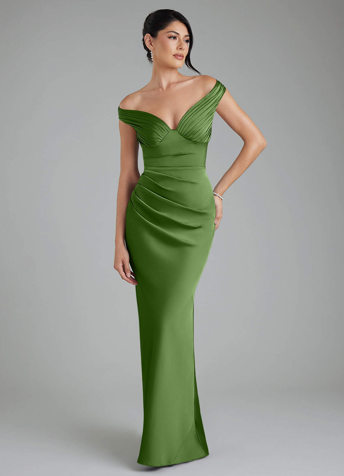 Stella Sheath V-Neck Stretch Satin Bridesmaid Dress in Basil