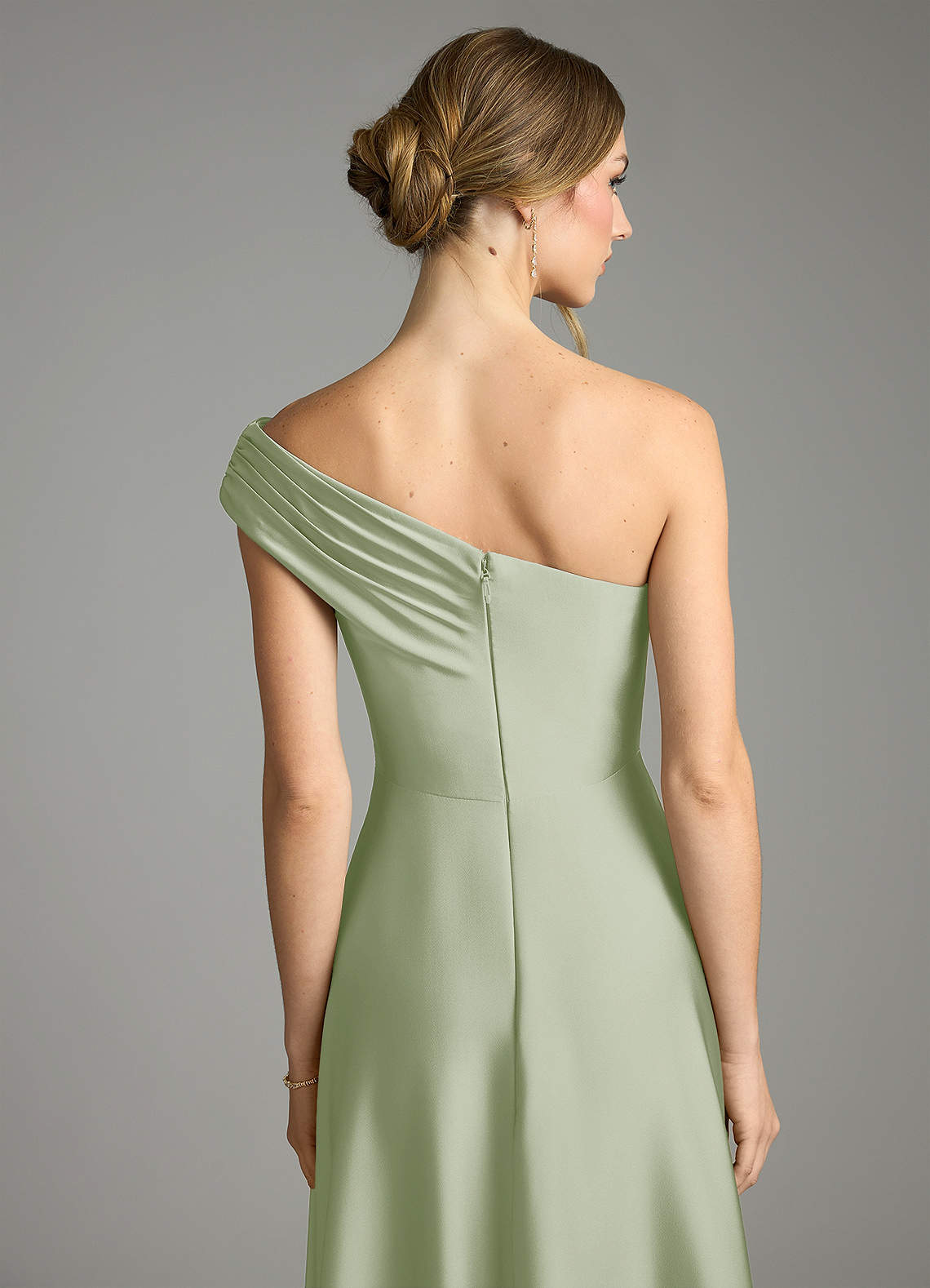 Melanie A-Line One-Shoulder Stretch Satin Bridesmaid Dress in Dusty Sage