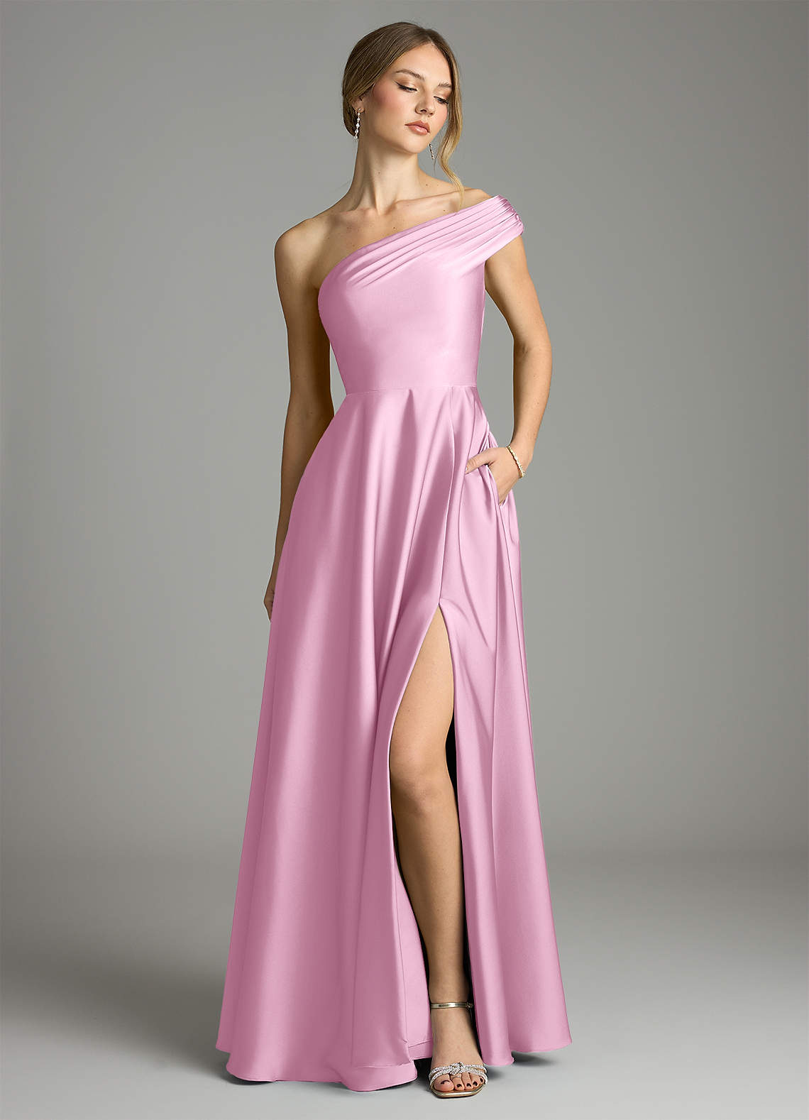 Melanie A-Line One-Shoulder Stretch Satin Bridesmaid Dress in candy pink
