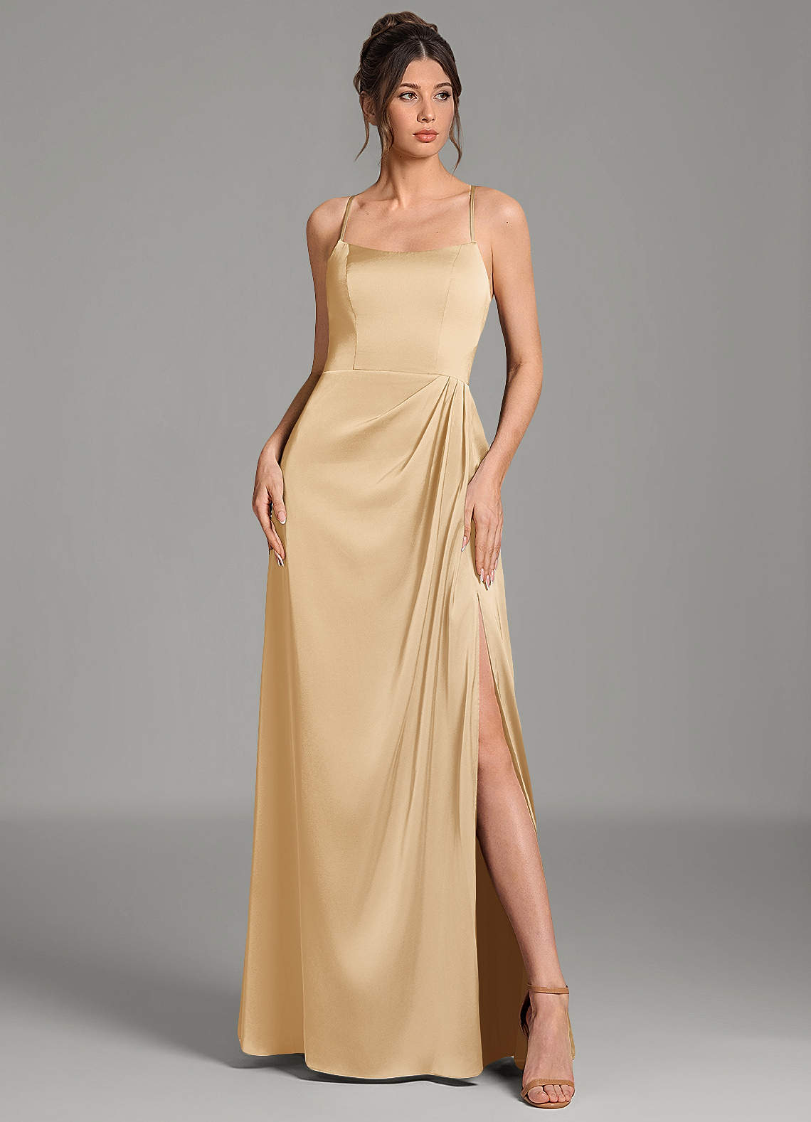 Frankie A-Line Scoop-Neck Stretch Satin Bridesmaid Dress in Gold