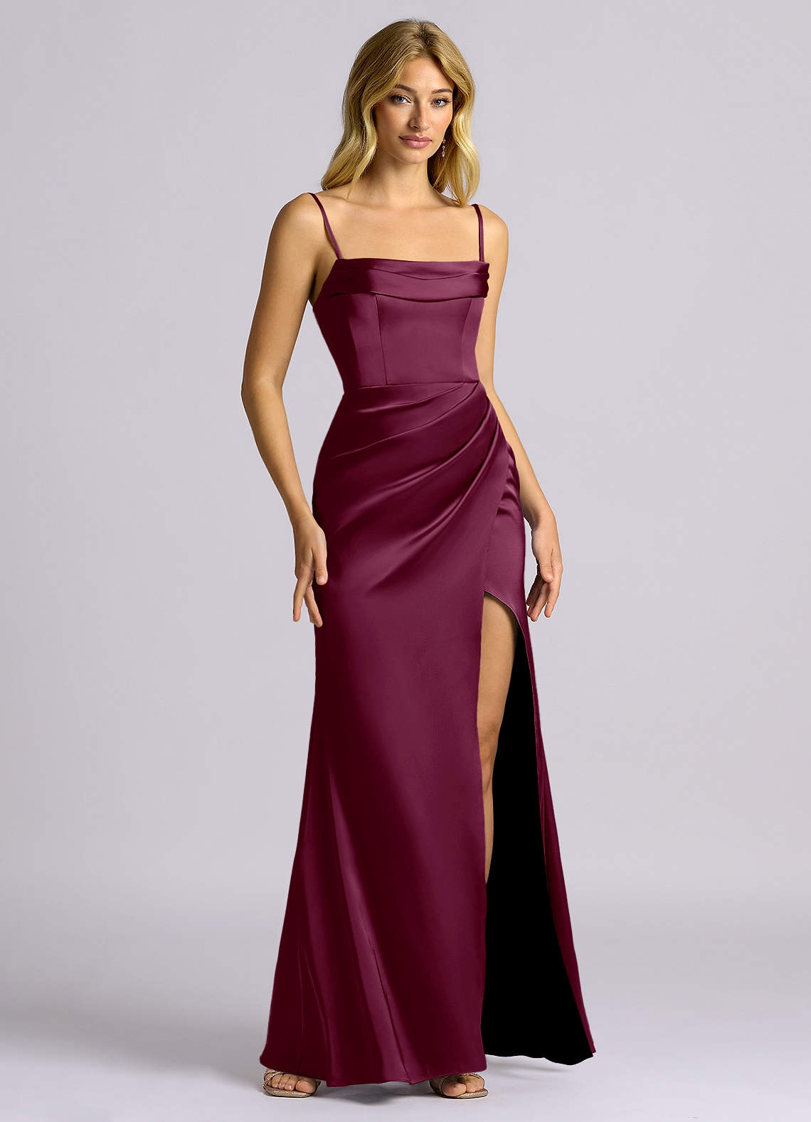 Auden Sheath Off-the-Shoulder Stretch Satin Bridesmaid Dress in Mulberry