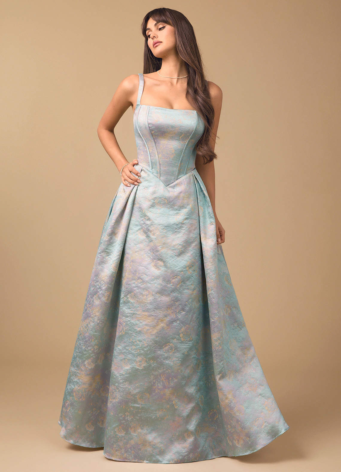Bryn A-Line Straight-Neck Brocade Evening Dress in Powder Sky