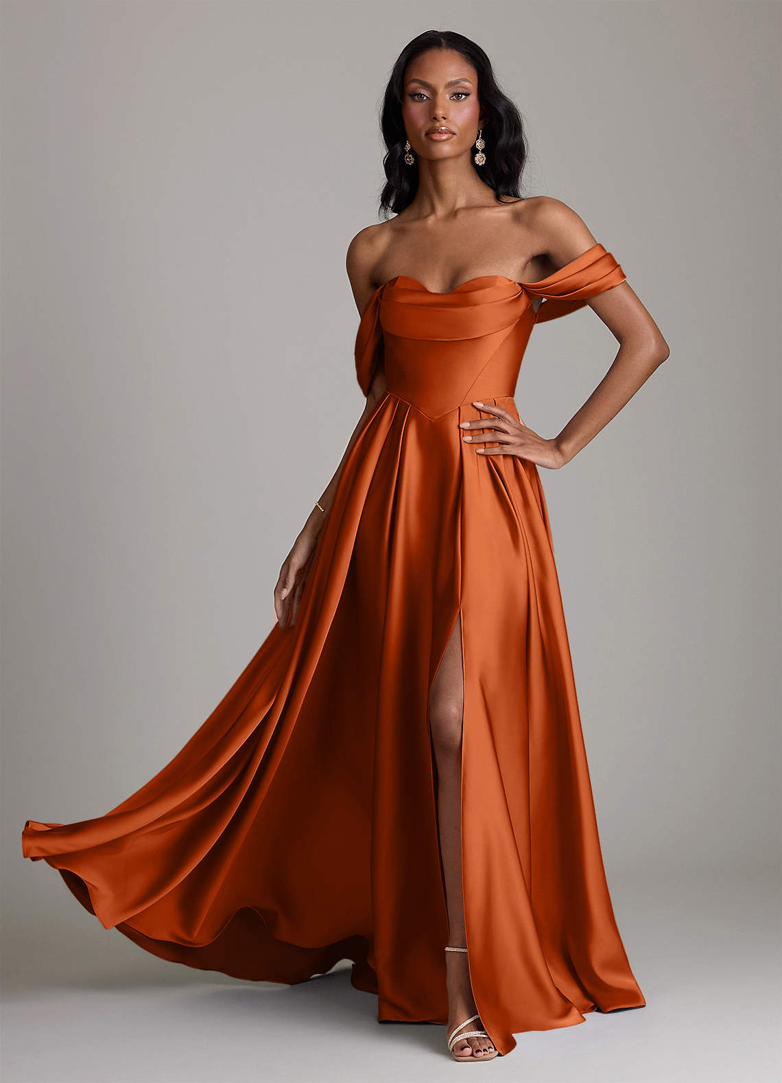 Loisa A-Line Off-the-Shoulder Stretch Satin Bridesmaid Dress in Burnt Orange