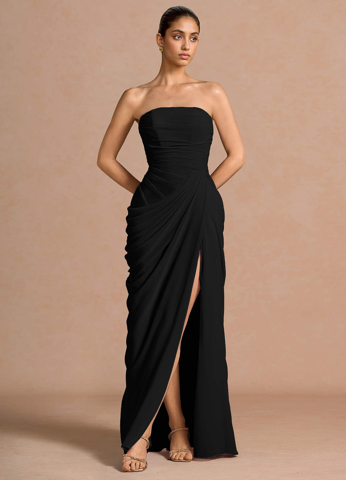 Kaavia Column Pleated Chiffon Maxi Evening Dress in black