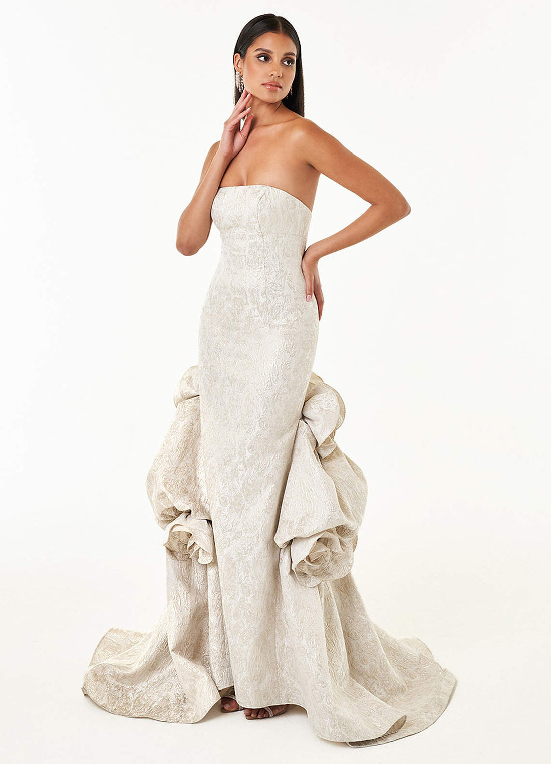 Donatella Rosette Bustle-Train Metallic Brocade Evening Dress in Champagne