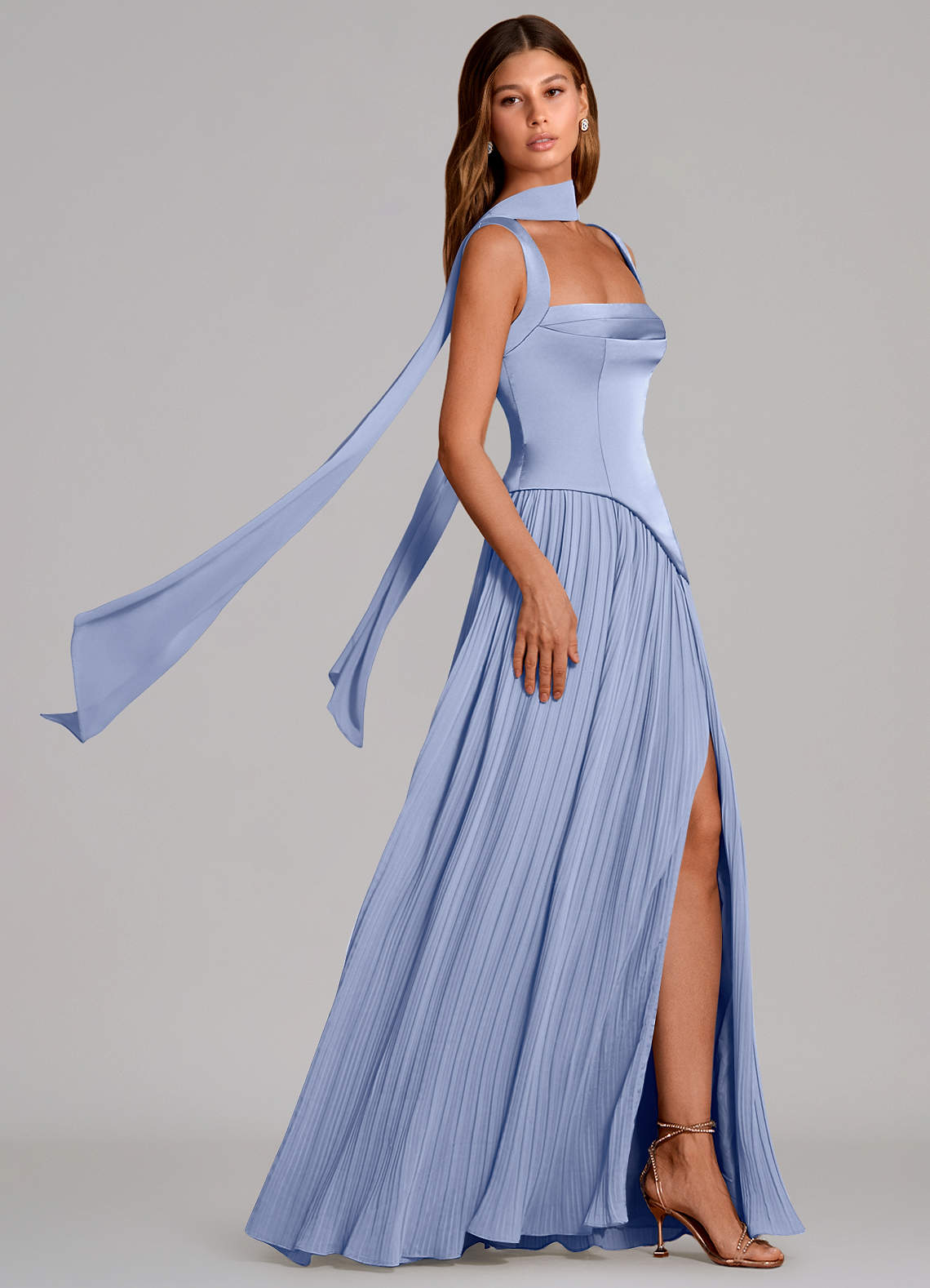 Stephanie A-Line Square-Neck Stretch Satin and Chiffon Bridesmaid Dress in Ice