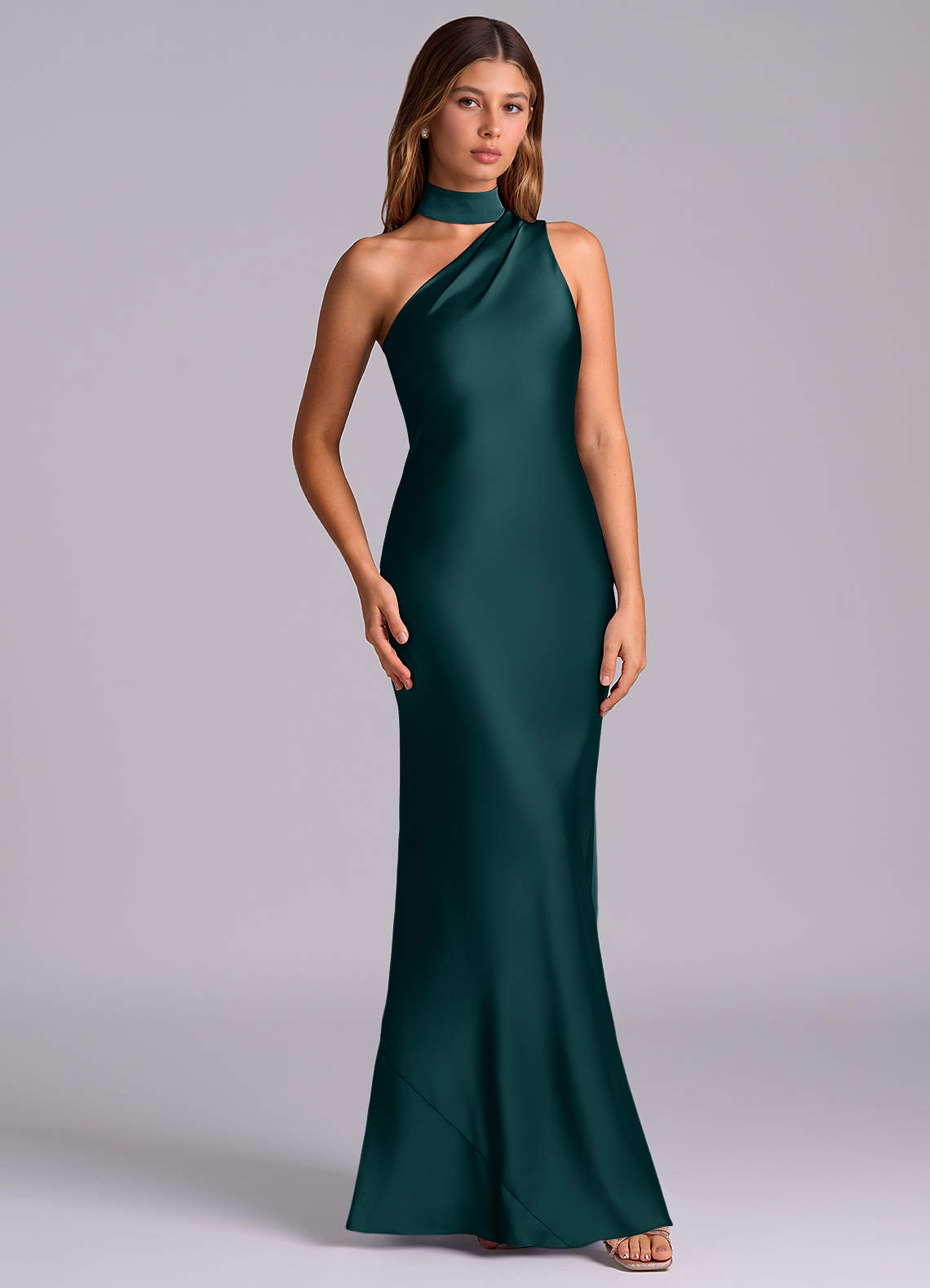 Seona Mermaid One-Shoulder Stretch Satin and Tulle Bridesmaid Dress in Pine
