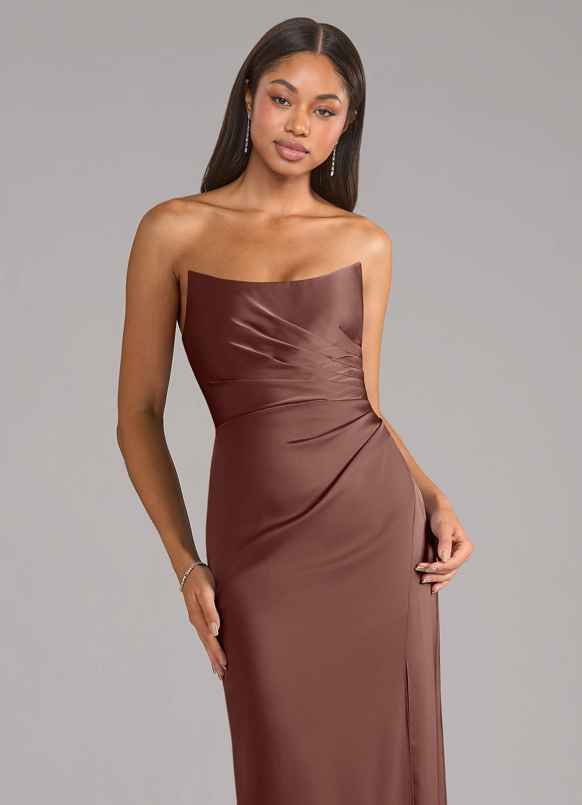 Marla Sheath Strapless Stretch Satin Bridesmaid Dress in Espresso