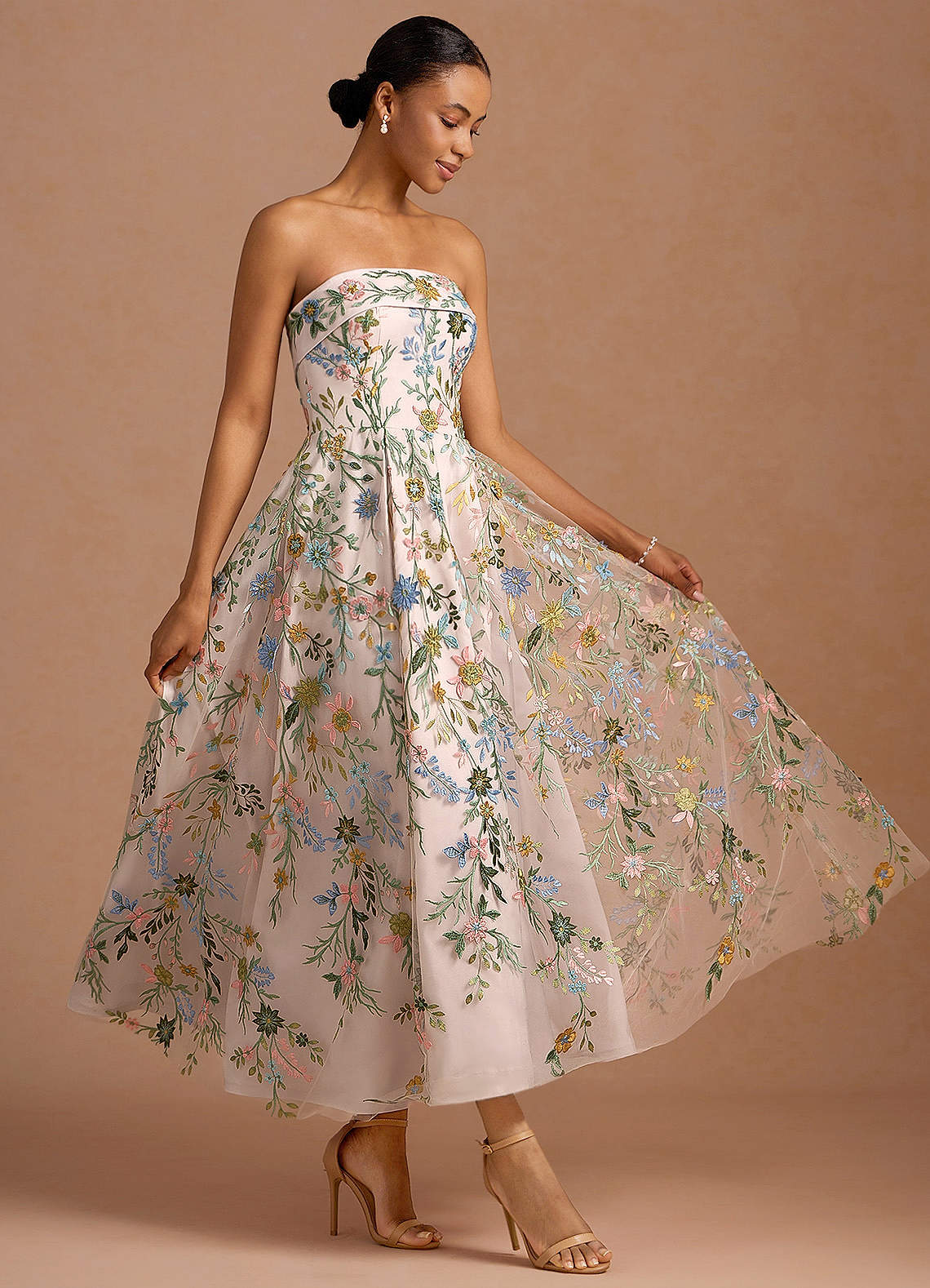 Evangeline Strapless Corset Floral Lace Evening Dress in candy pink