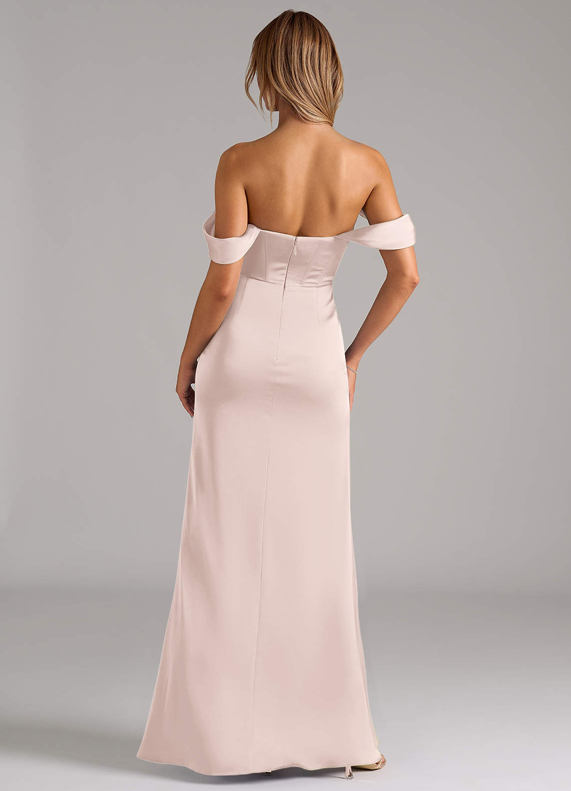 Johana Mermaid Off-the-Shoulder Stretch Satin Bridesmaid Dress in Blushing Pink