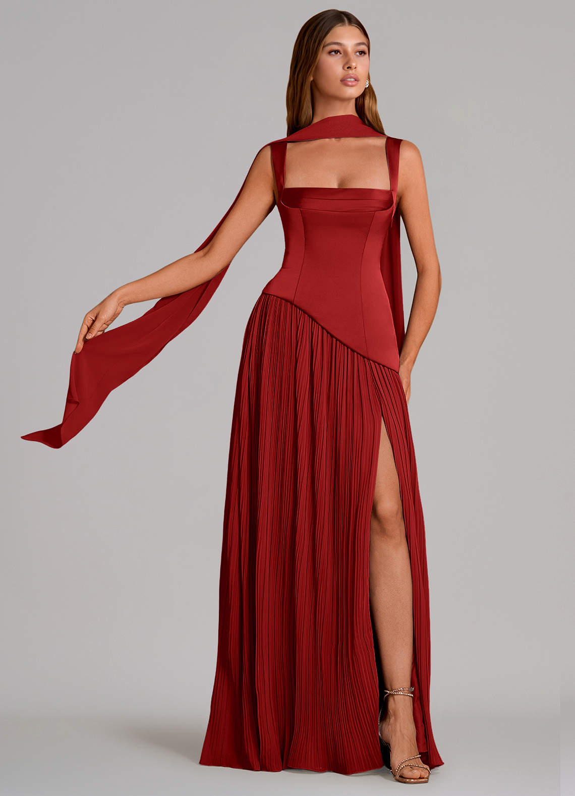 Stephanie A-Line Square-Neck Stretch Satin and Chiffon Bridesmaid Dress in Pomegranate