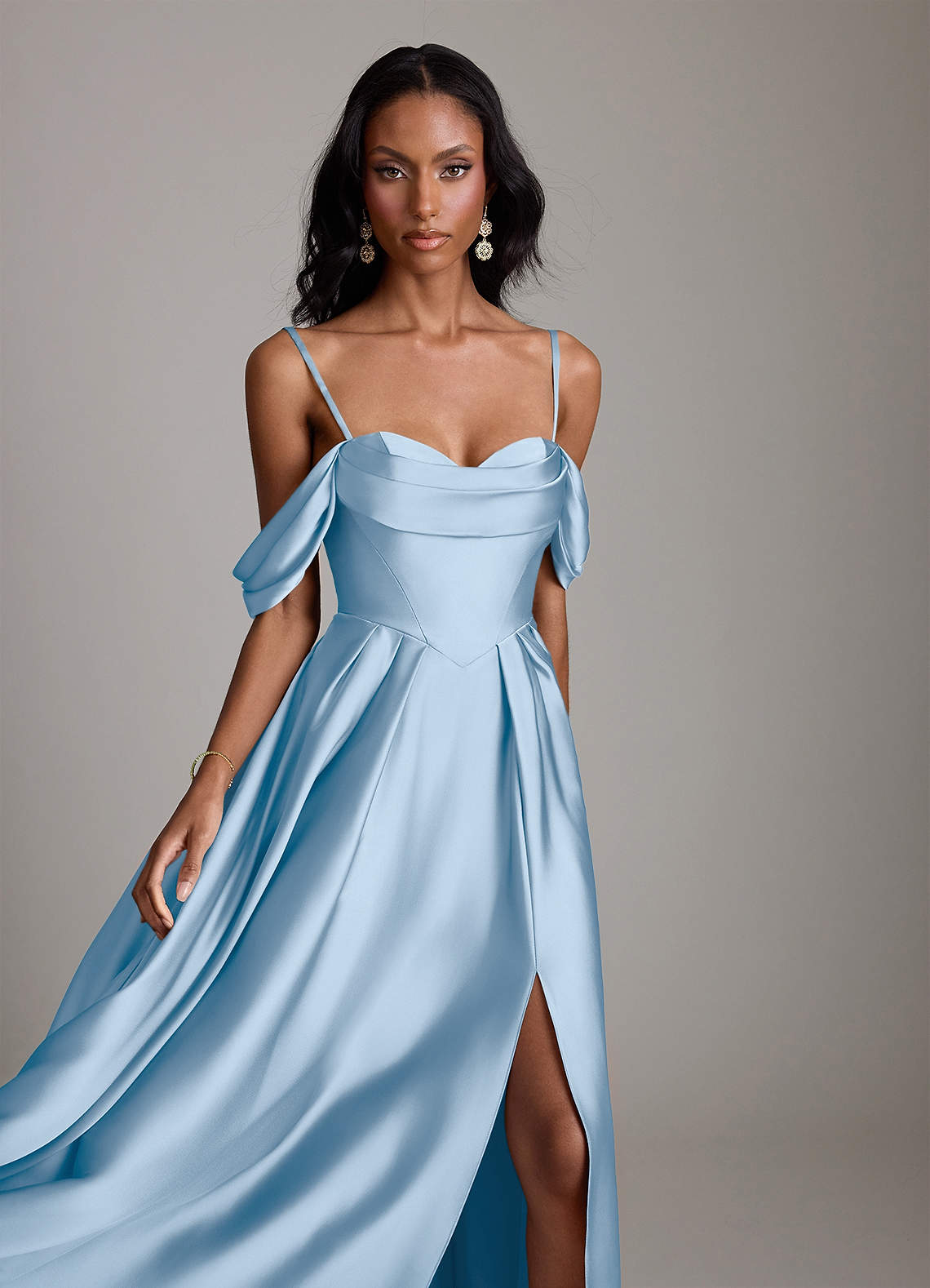 Loisa A-Line Off-the-Shoulder Stretch Satin Bridesmaid Dress in Powder Blue