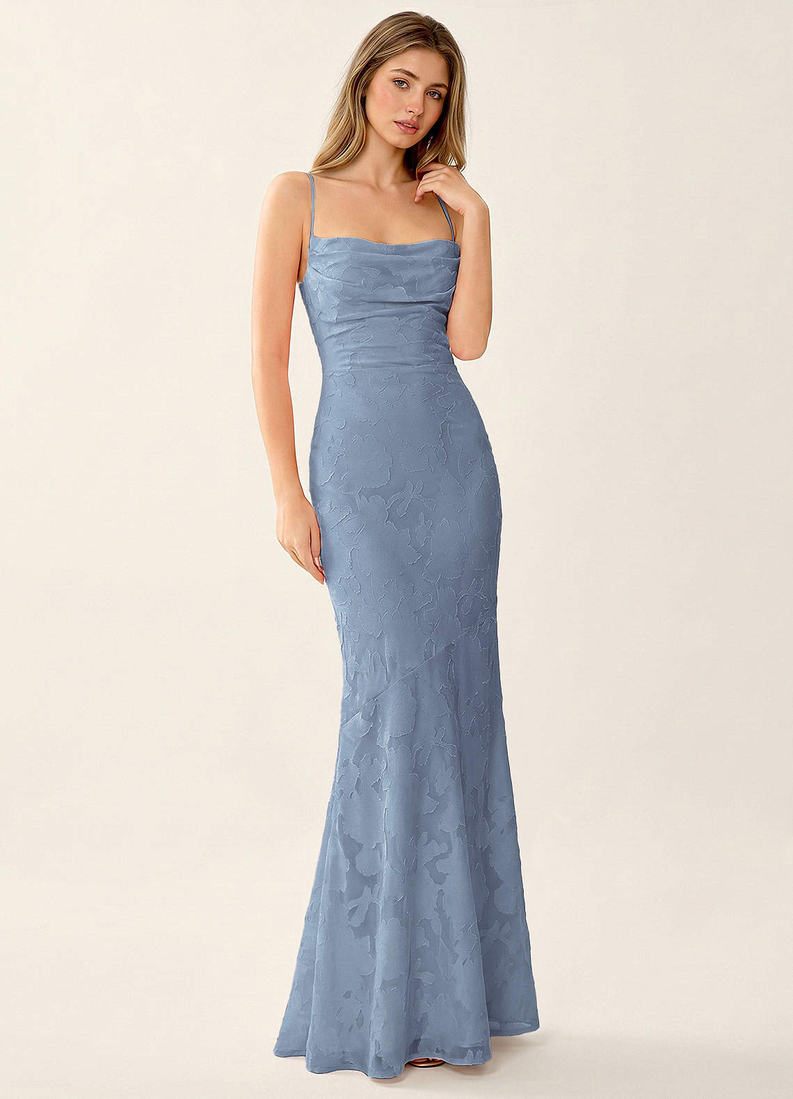 Natasha Mermaid Spaghetti-Strap Floral Burnout Evening Dress in Burgundy