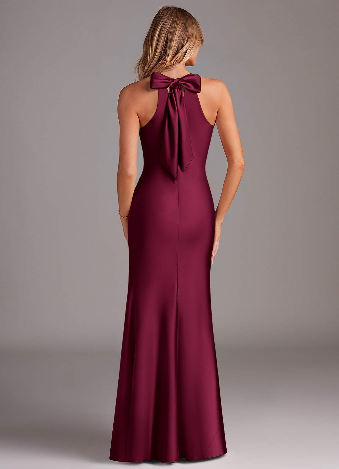 Doretta Mermaid Halter Stretch Satin Bridesmaid Dress in Burgundy