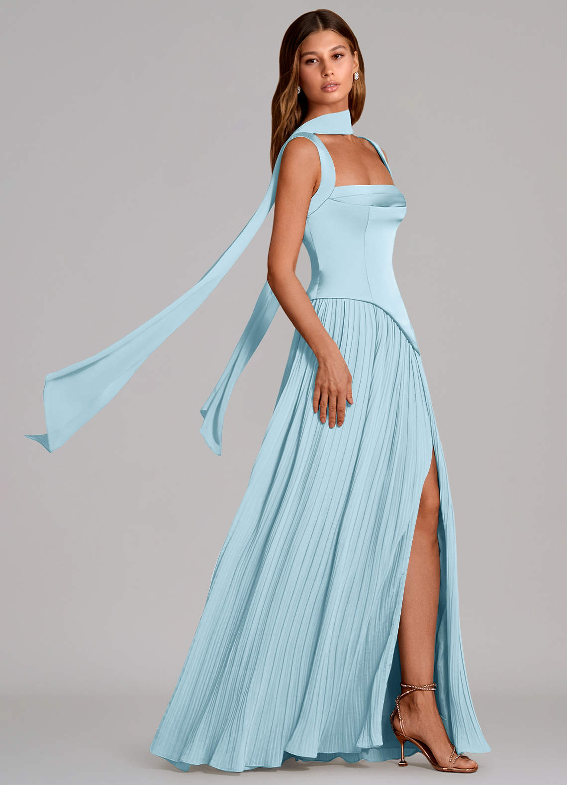 Stephanie A-Line Square-Neck Stretch Satin and Chiffon Bridesmaid Dress in Sky Blue