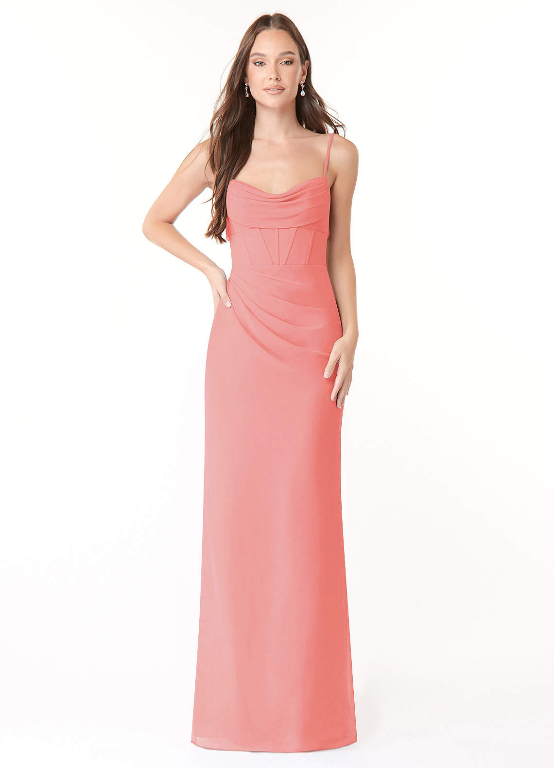 Mai Sheath Cowl-Neck Chiffon Bridesmaid Dress in Coral