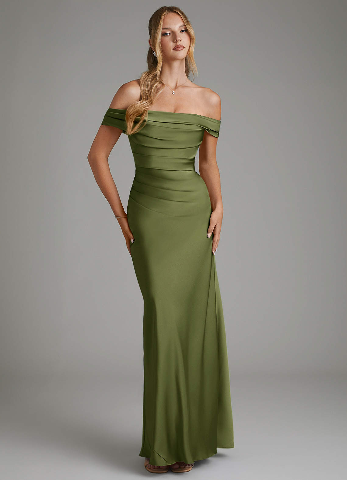 Hayden Mermaid Off-the-Shoulder Stretch Satin Bridesmaid Dress in Olive