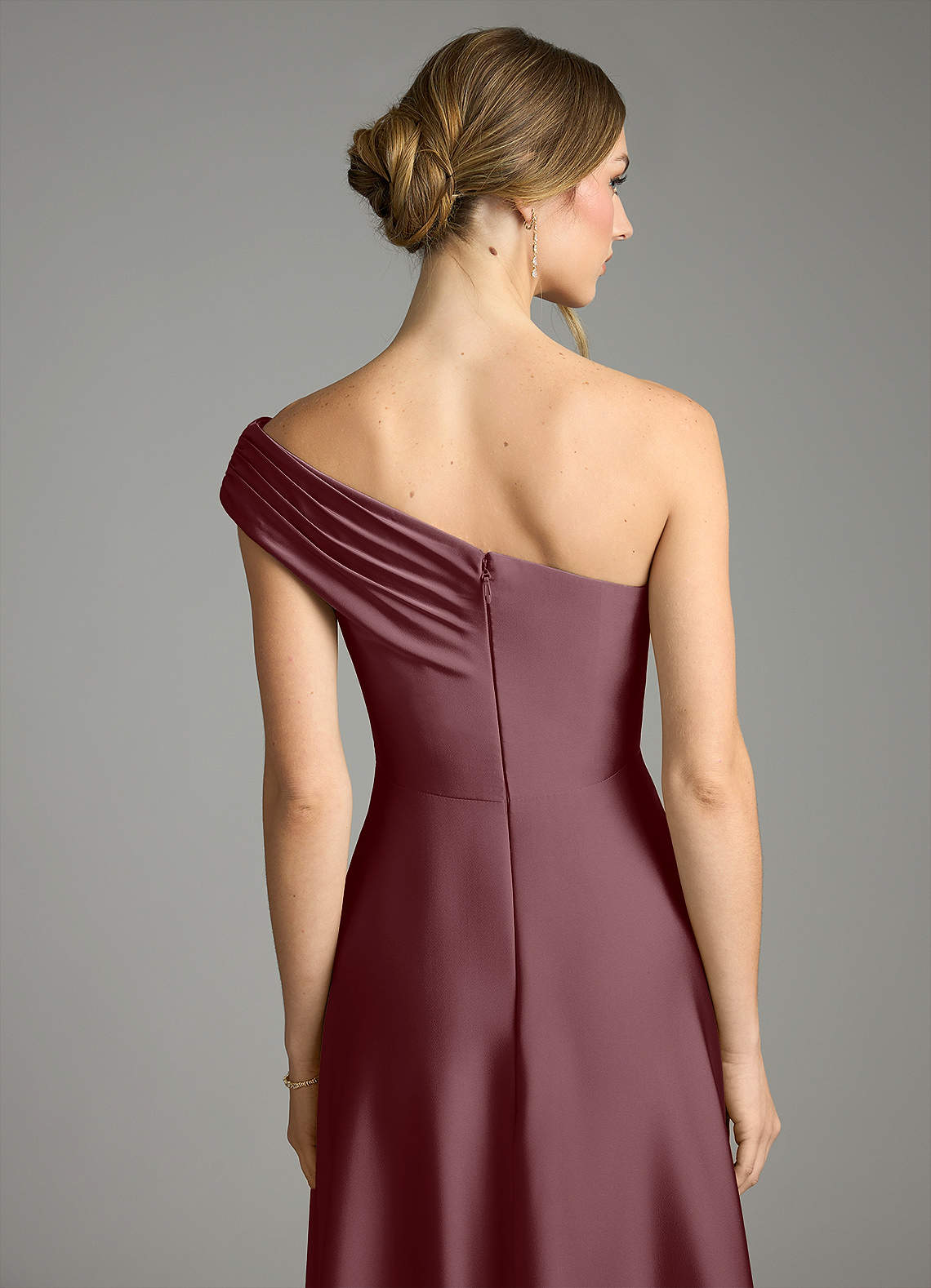 Melanie A-Line One-Shoulder Stretch Satin Bridesmaid Dress in Sangria