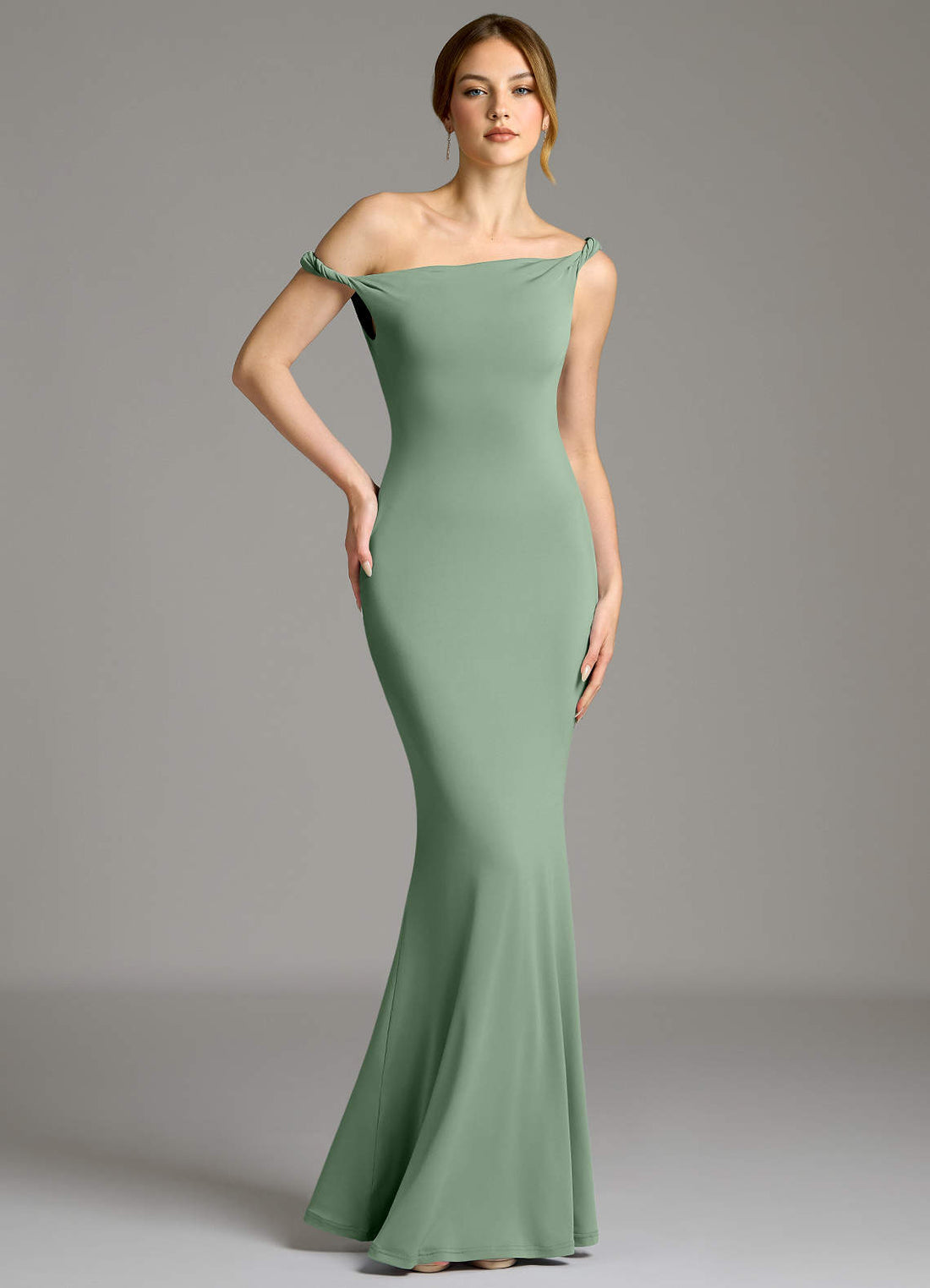 Chantal Mermaid Boat-Neck Premium Stretch Jersey Bridesmaid Dress in Matcha