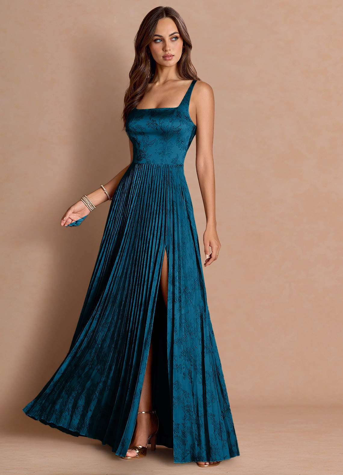 Tatiana A-Line Square-Neck Jacquard Wedding Guest Dress in Navy Black