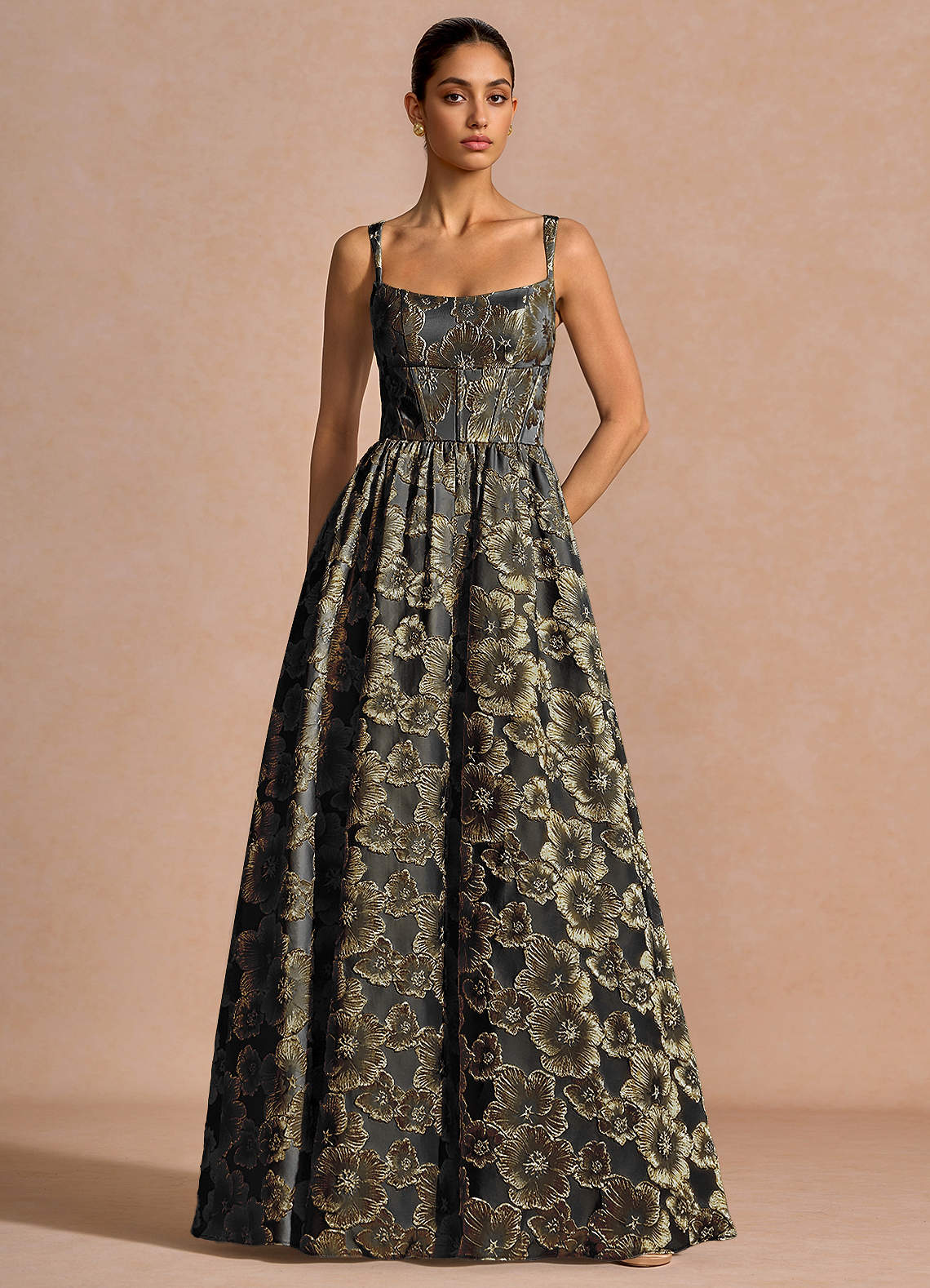Julietteh A-Line Strappy Jacquard Taffeta Evening Dress in Black
