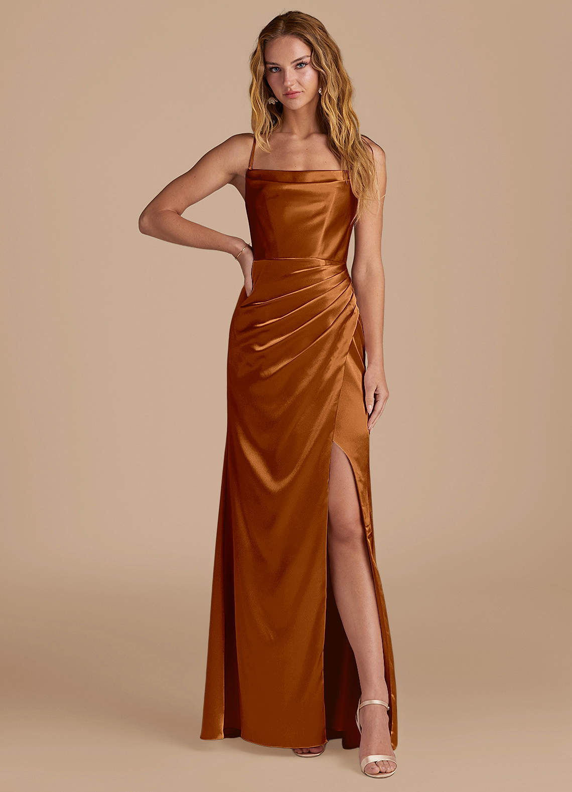 Marzia Mermaid Square-Neck Metallic Satin Bridesmaid Dress in Copper