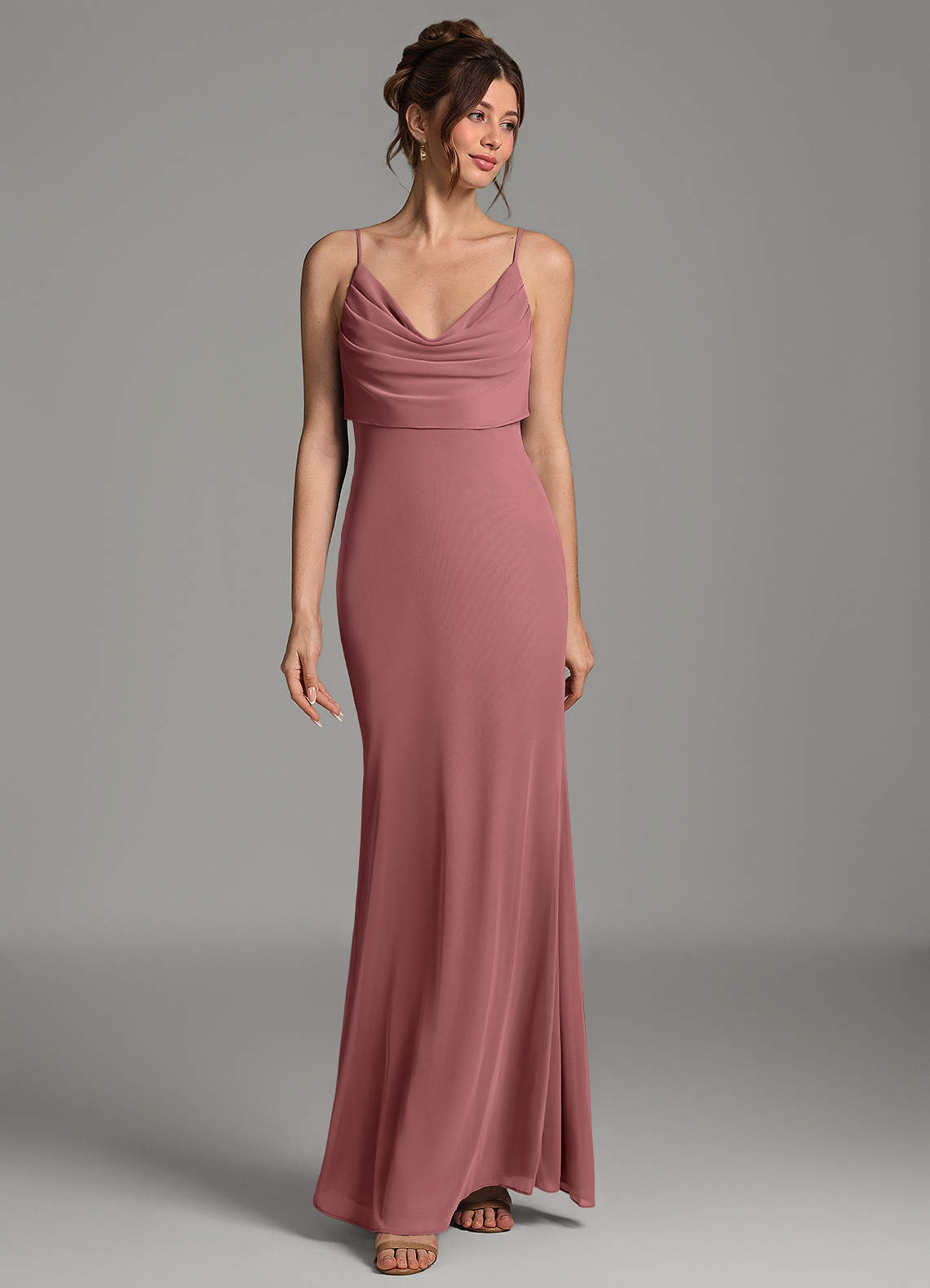 Zari Mermaid Cowl-Neck Mesh Bridesmaid Dress in Desert Rose