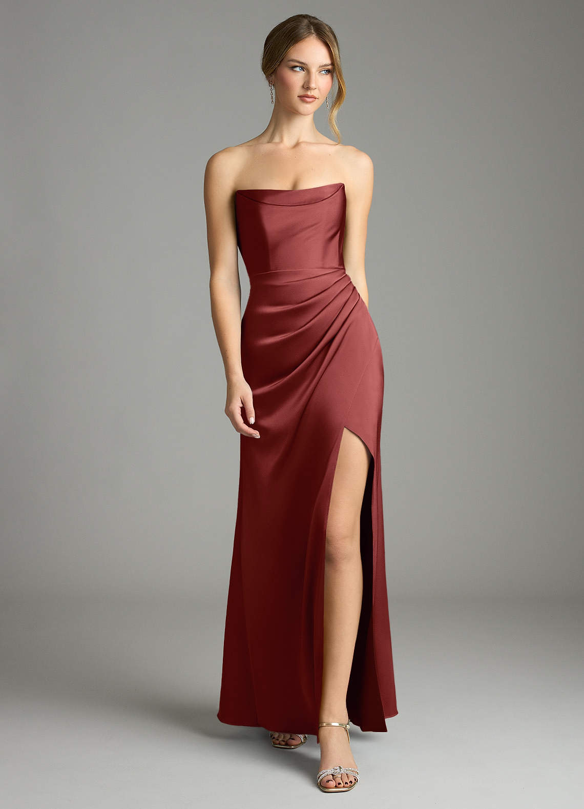 Leonis Mermaid Cowl-Neck Stretch Satin Bridesmaid Dress in Terracotta