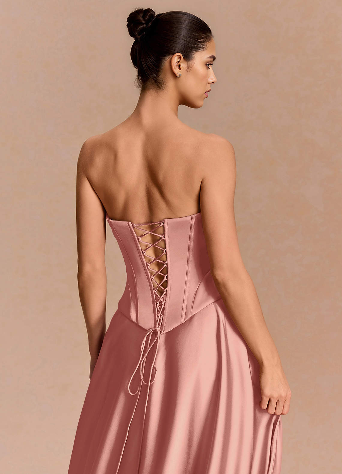 Eponine A-Line Pleated Stretch Satin Evening Dress in Rosette