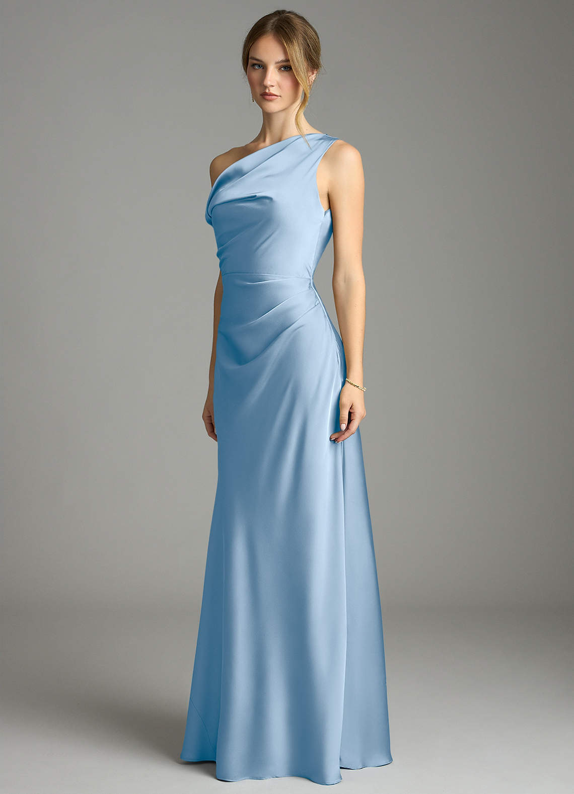 Emerson Mermaid One-Shoulder Stretch Satin Bridesmaid Dress in Powder Blue