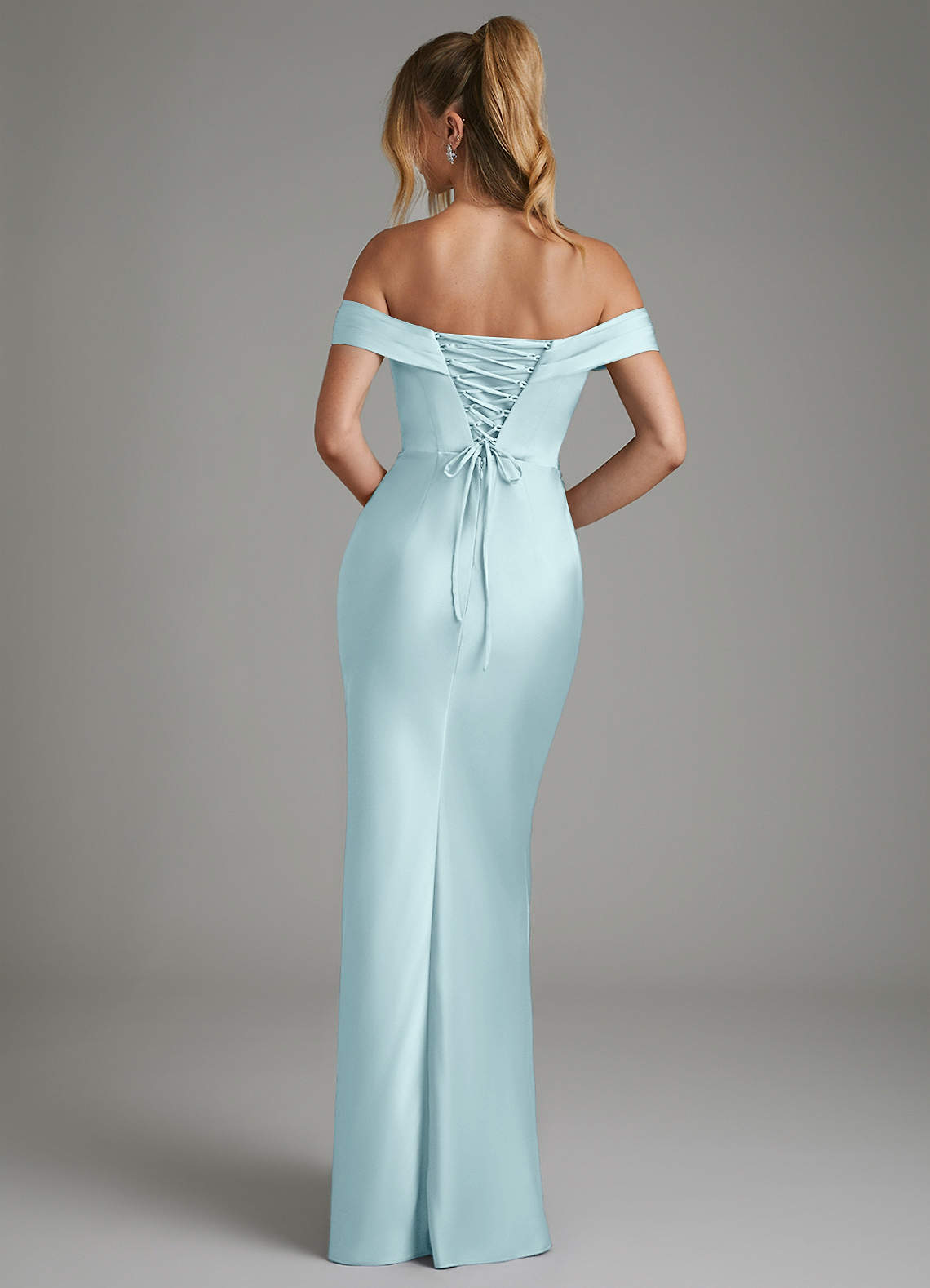 Hayden Mermaid Off-the-Shoulder Stretch Satin Bridesmaid Dress in Cloud Blue