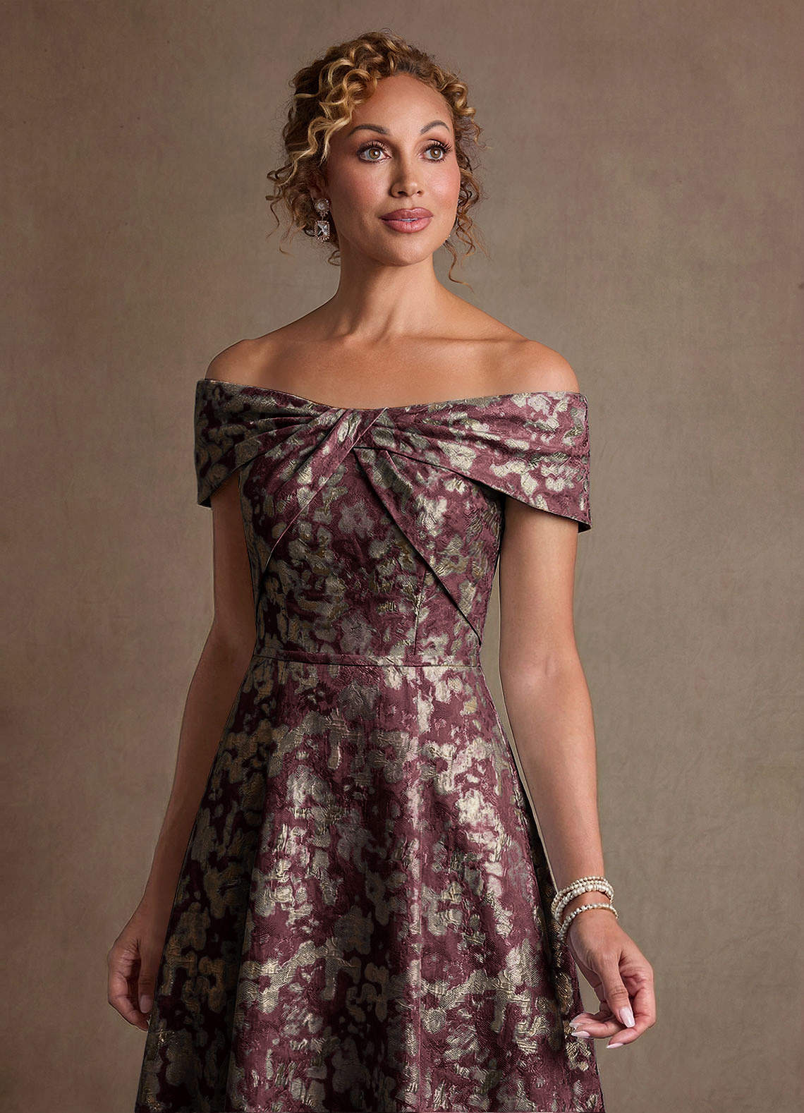 Harriett A-Line Off-the-Shoulder Jacquard Mother of the Bride Dress in Cabernet