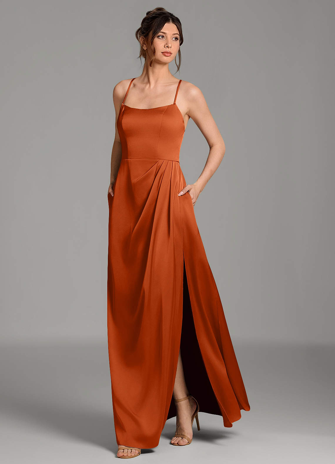 Frankie A-Line Scoop-Neck Stretch Satin Bridesmaid Dress in Burnt Orange