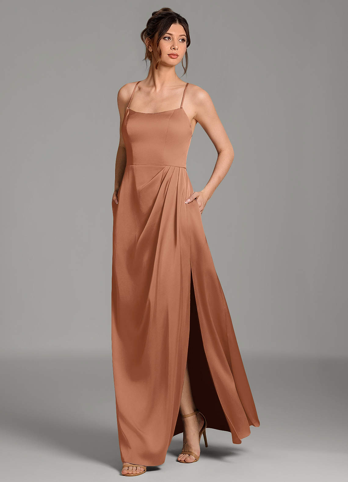Frankie A-Line Scoop-Neck Stretch Satin Bridesmaid Dress in Bronzer