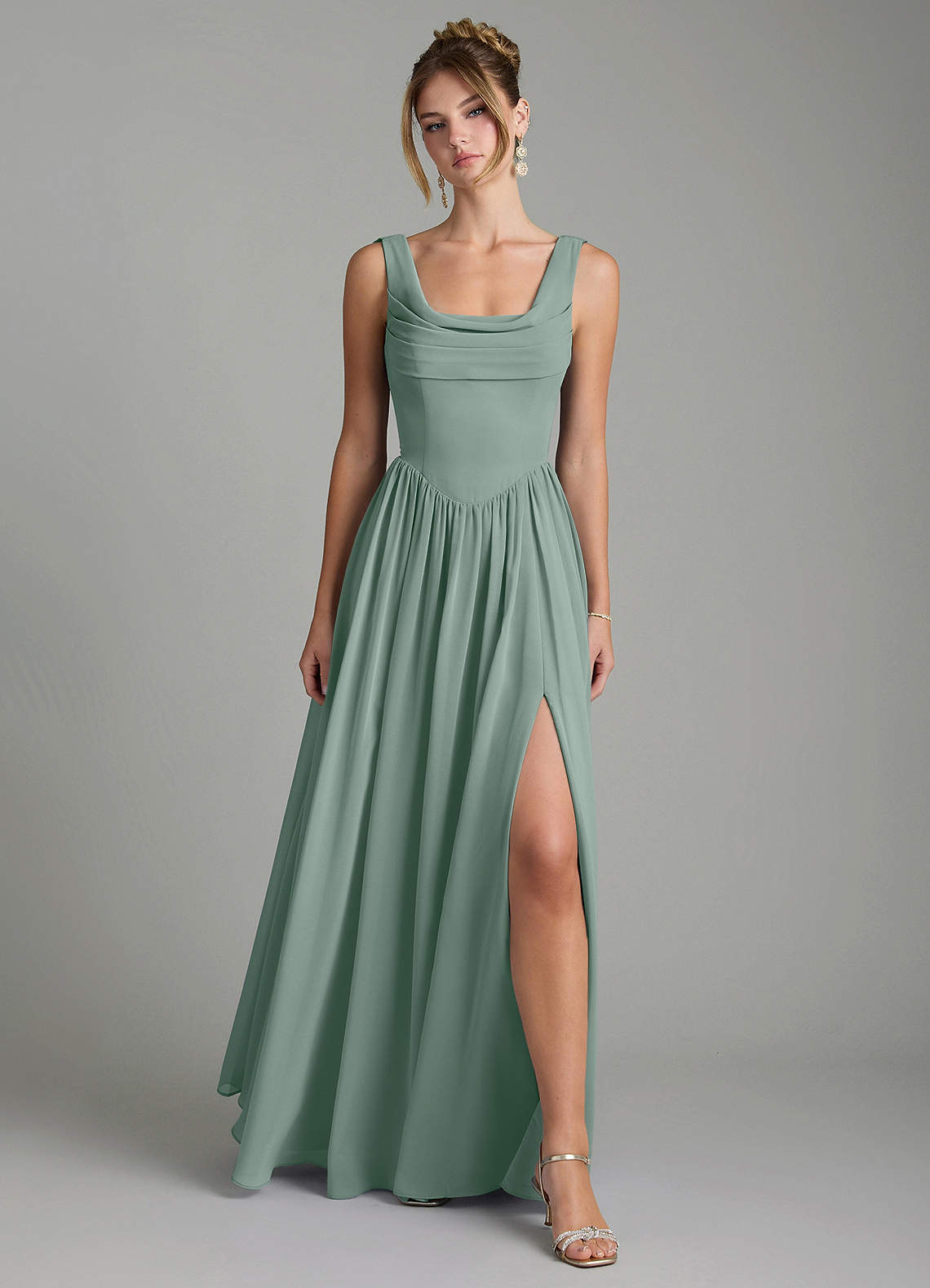 Novi A-Line Square-Neck Chiffon Bridesmaid Dress in Silver Sage