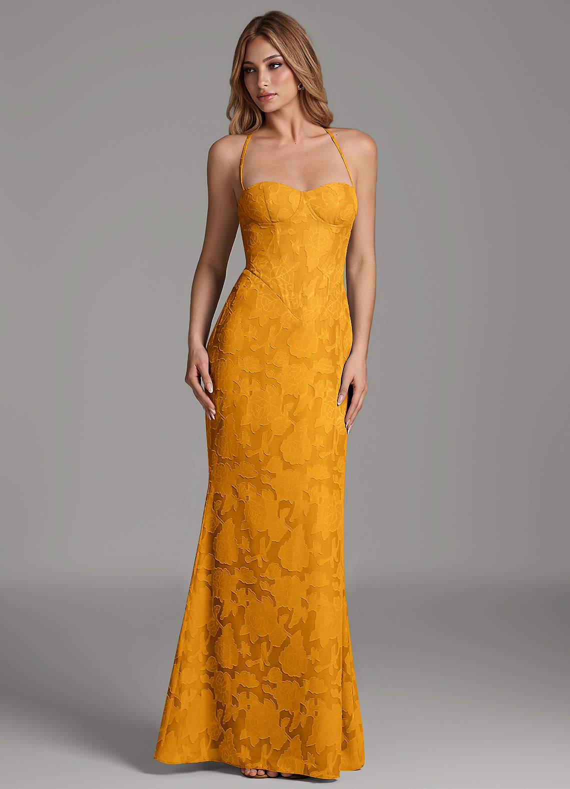 Dara Mermaid Sweetheart Floral Burnout Bridesmaid Dress in butterscotch