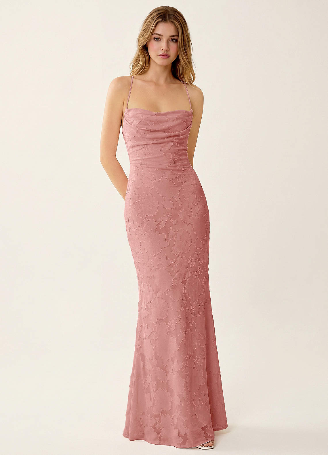Natasha Mermaid Spaghetti-Strap Floral Burnout Evening Dress in Rosette