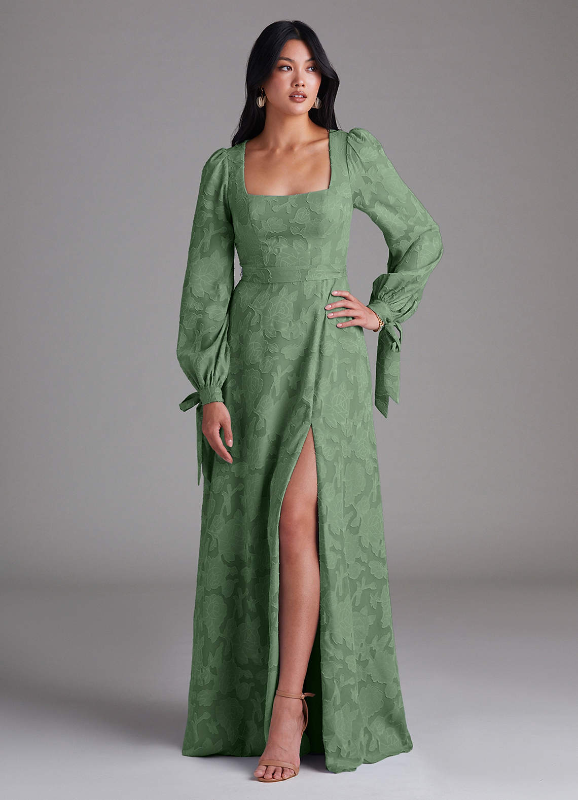Leonia A-Line Square-Neck Stretch Satin Bridesmaid Dress in Eucalyptus