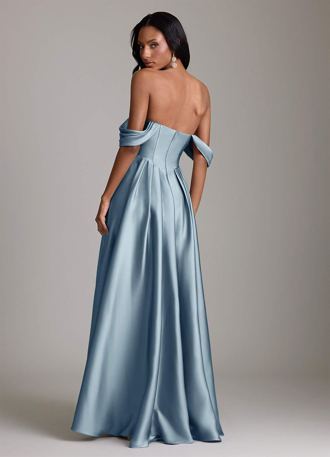 Loisa A-Line Off-the-Shoulder Stretch Satin Bridesmaid Dress in dusty blue