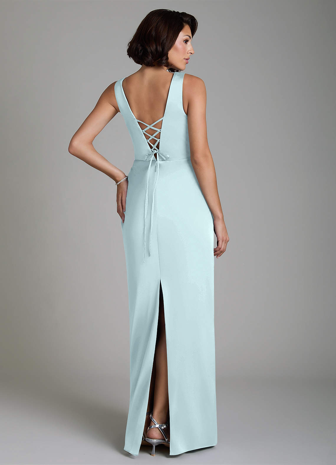 Vanya Sheath V-Neck Stretch Satin Bridesmaid Dress in Sea Glass
