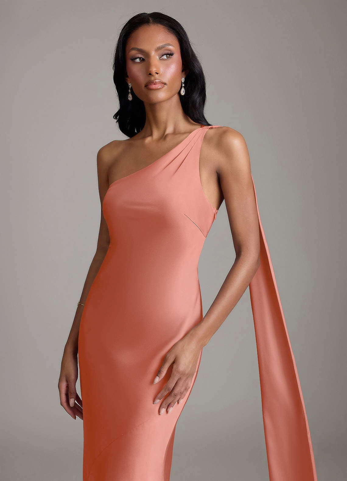 Juniper Mermaid One-Shoulder Stretch Satin Bridesmaid Dress in Salmon Pink