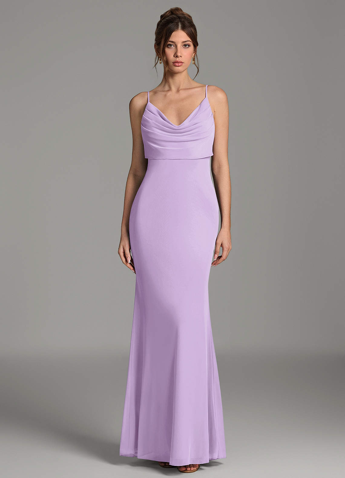 Zari Mermaid Cowl-Neck Mesh Bridesmaid Dress in Lilac