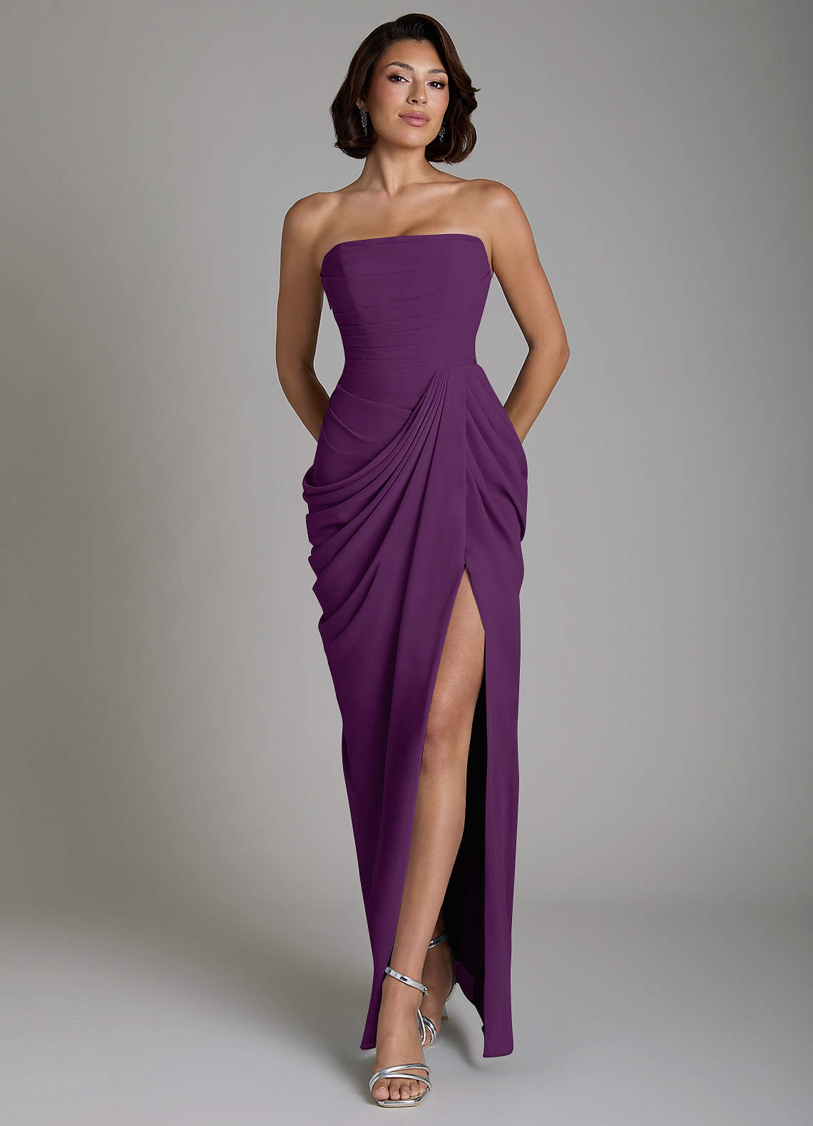 Nyra Sheath Strapless Chiffon Bridesmaid Dress in Grape