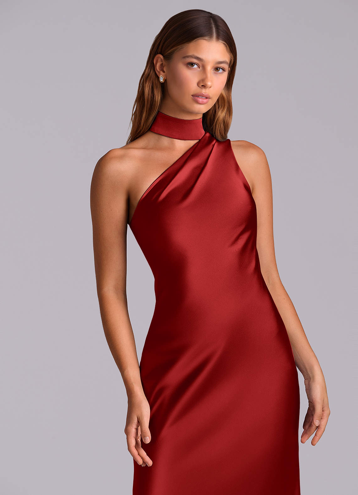 Seona Mermaid One-Shoulder Stretch Satin and Tulle Bridesmaid Dress in Pomegranate