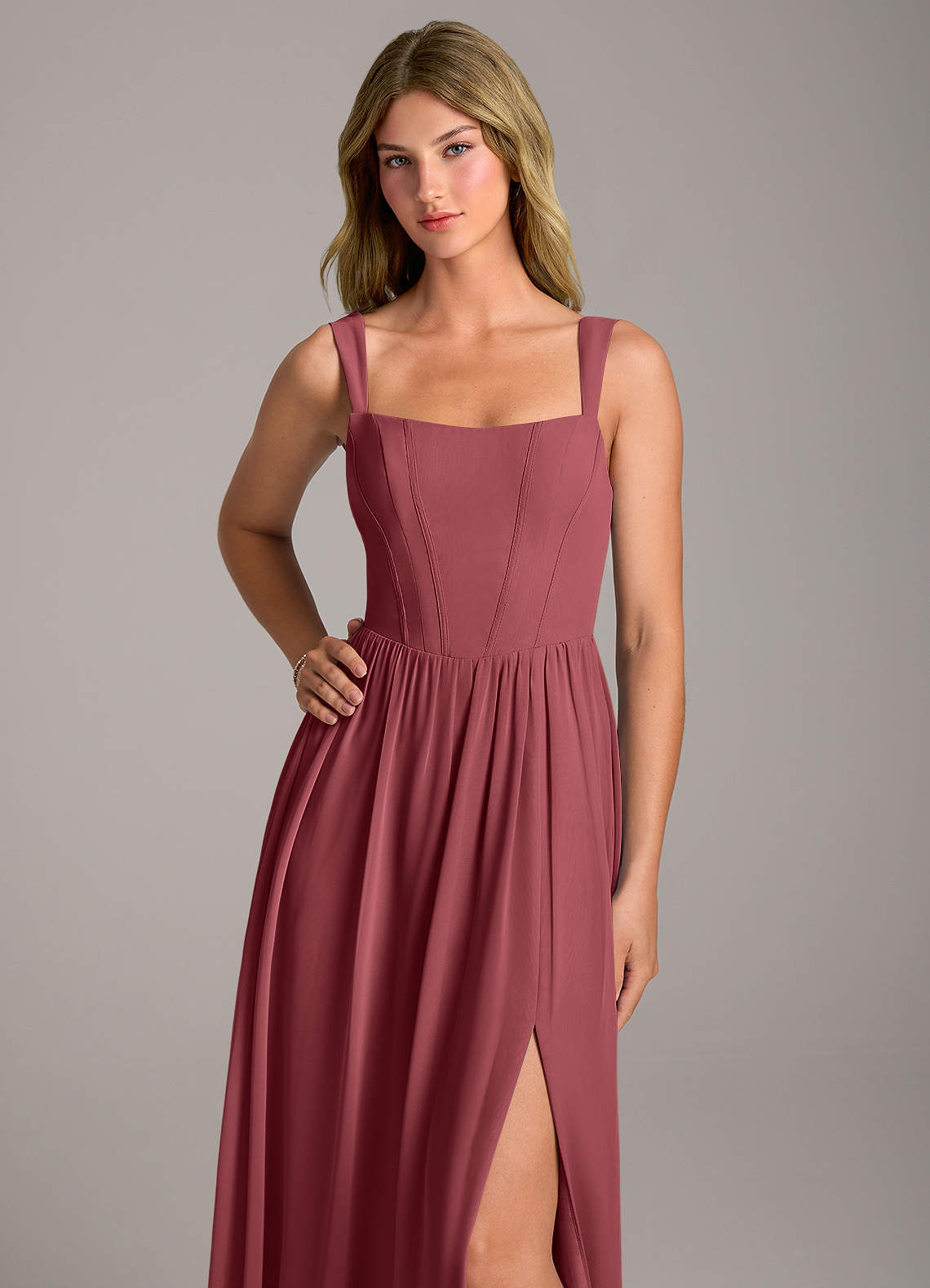 Rosaline A-Line Square-Neck Chiffon Bridesmaid Dress in Merlot