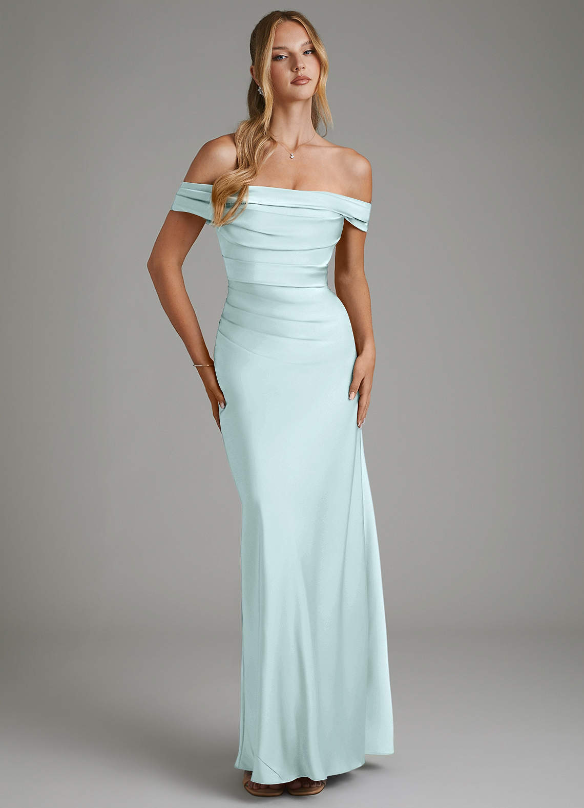 Hayden Mermaid Off-the-Shoulder Stretch Satin Bridesmaid Dress in Sea Glass