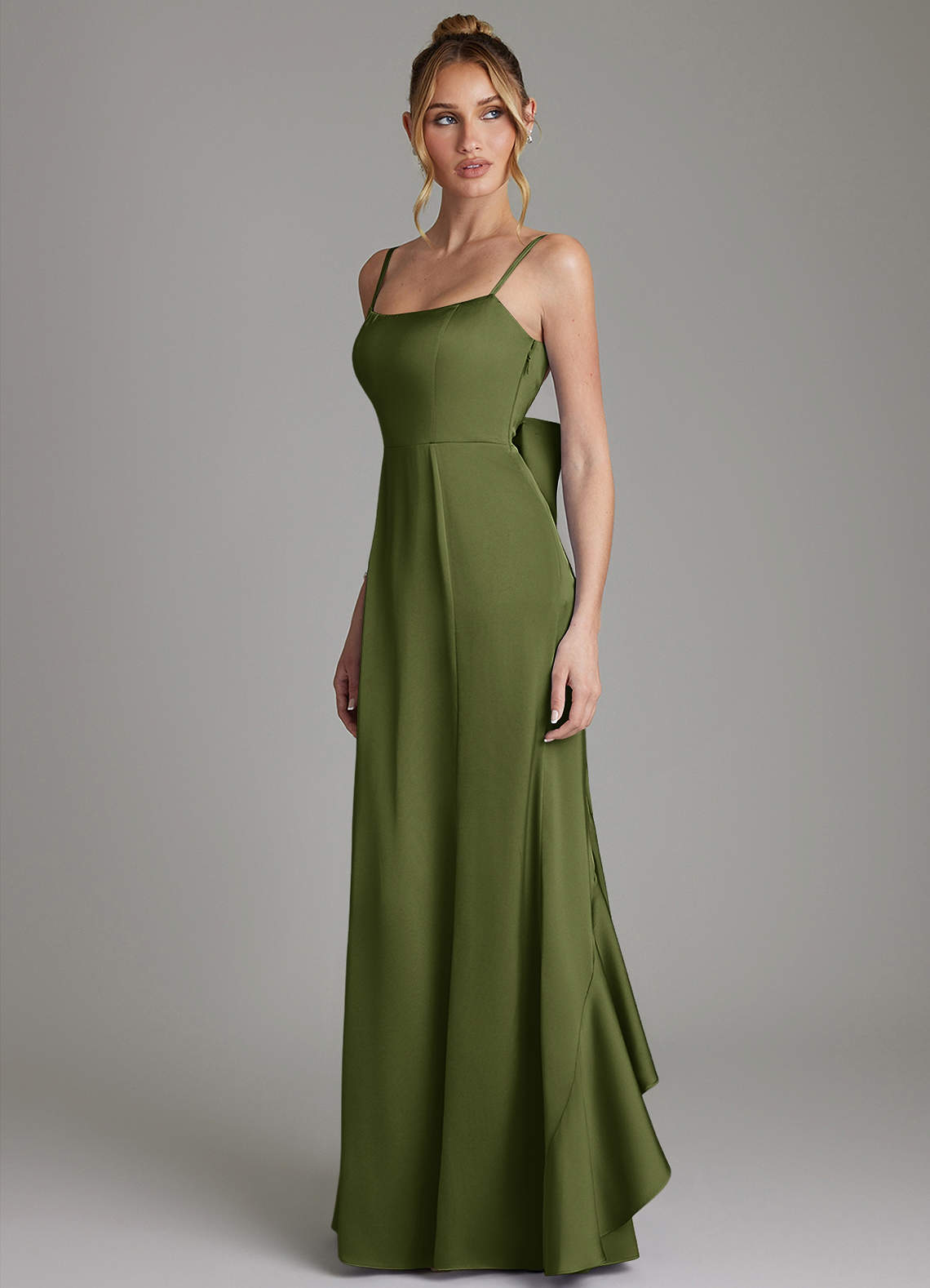 Zherra Mermaid Scoop-Neck Stretch Satin Bridesmaid Dress in Olive