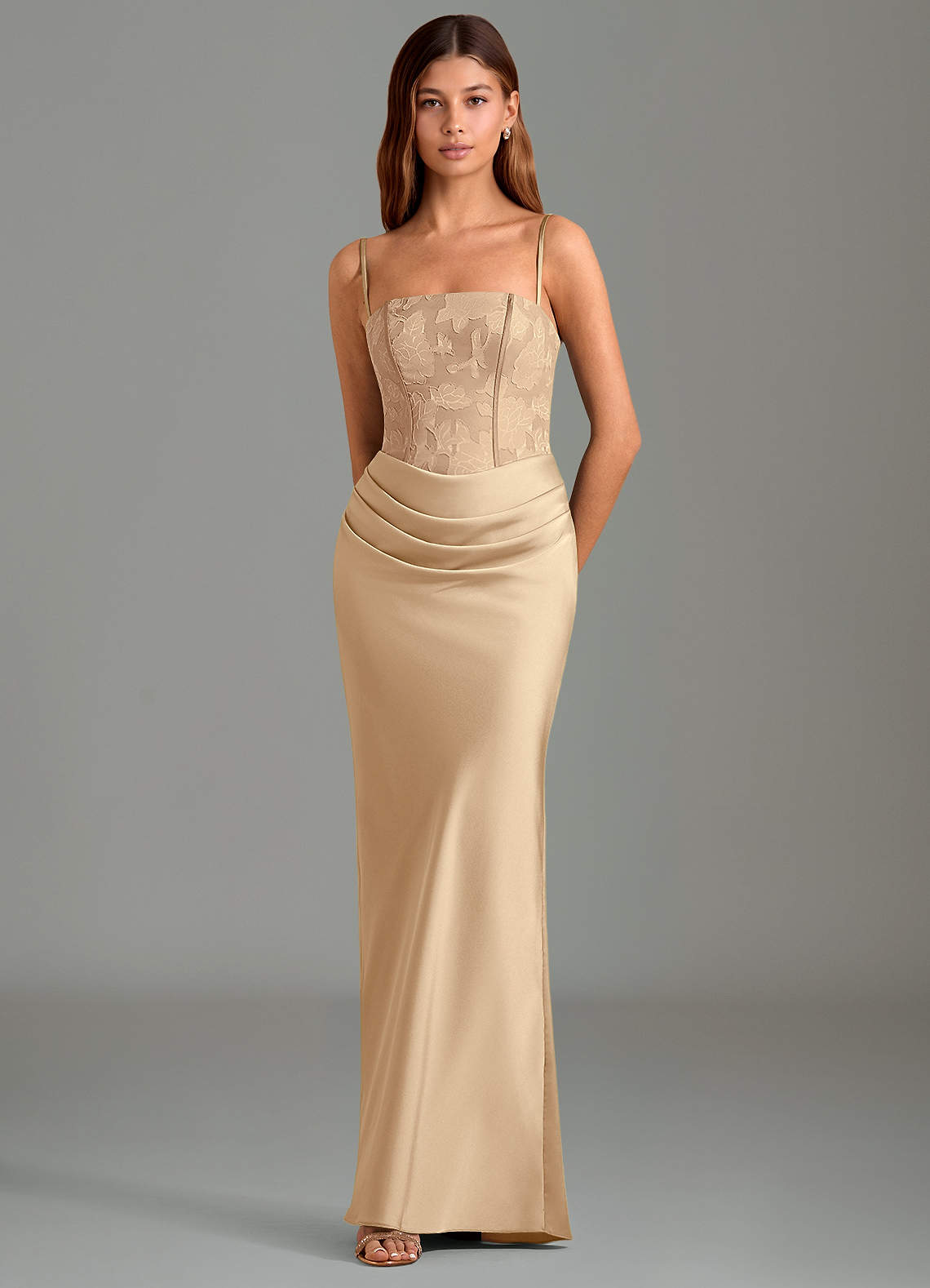 Emilia Mermaid Strapless Stretch Satin and Floral Burnout Bridesmaid Dress in Champagne