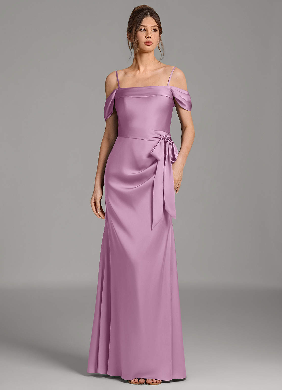 Wyatt Mermaid Off-the-Shoulder Stretch Satin Bridesmaid Dress in Wisteria