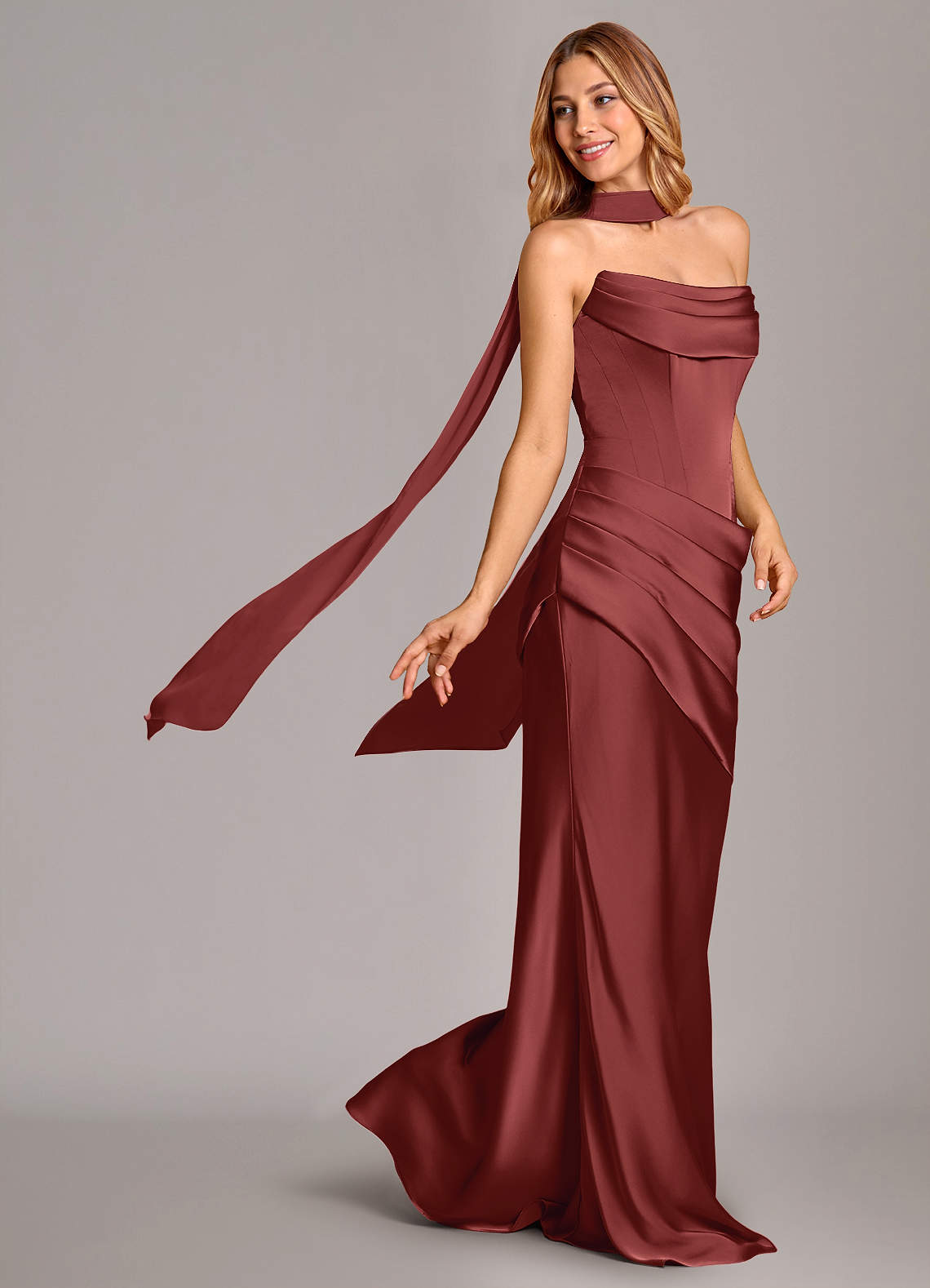Pelagia Mermaid Cowl-Neck Stretch Satin Bridesmaid Dress in Terracotta